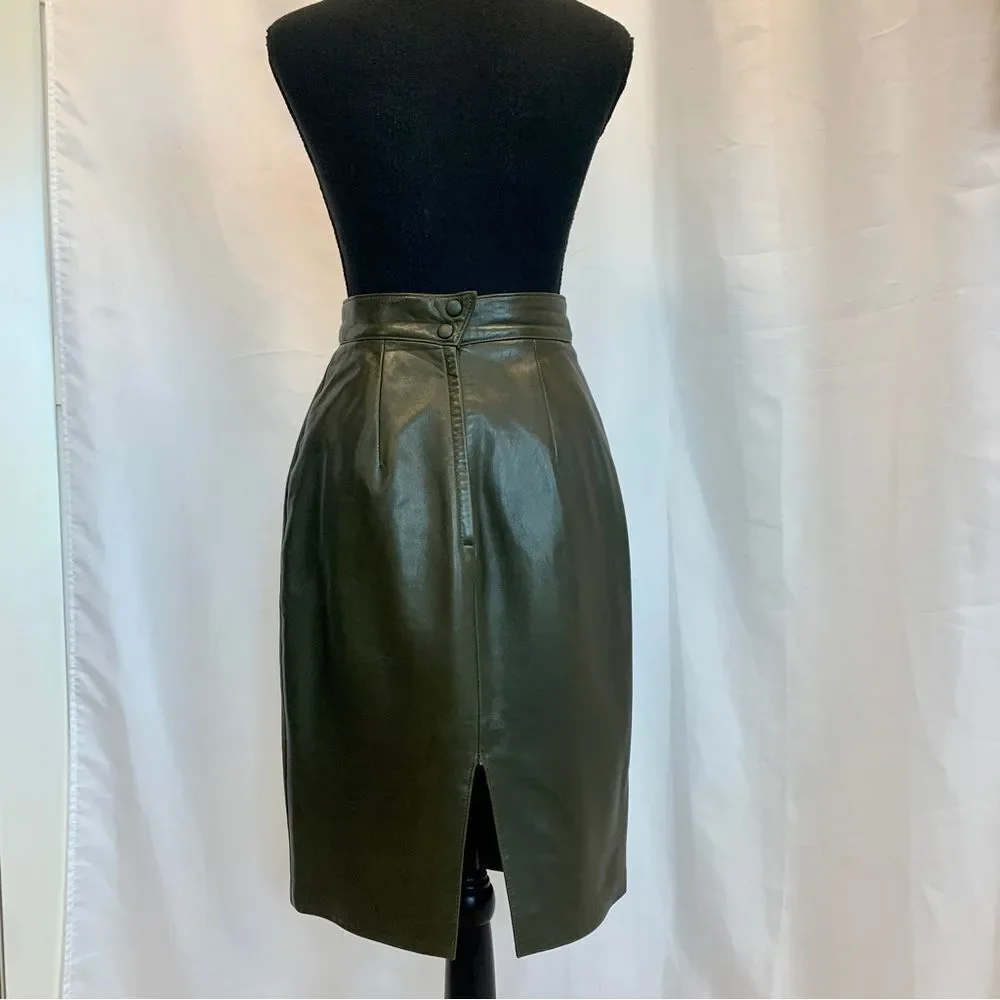 DANIER vintage dark forest green leather pencil skirt Sz 8